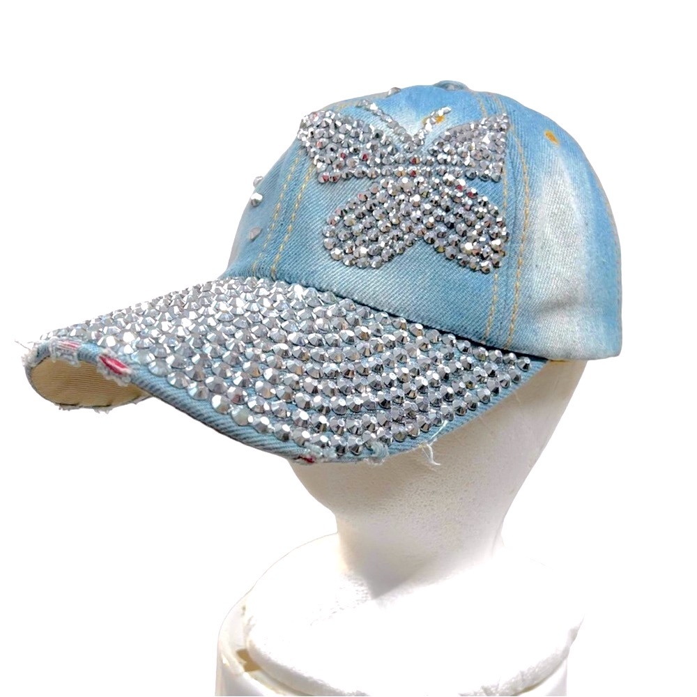 BUTTERFLY in Rhinestones Blue Jean baseball cap FULL OF BLING OS